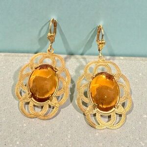 Elegant Gold Earrings with Amber Stone